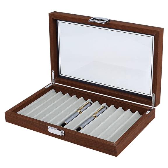 Fountain Pen Case 12 Slots Wooden Pen Collection Display Case Rectangle Fountain Pens Storage Box with Clear Glass Window
