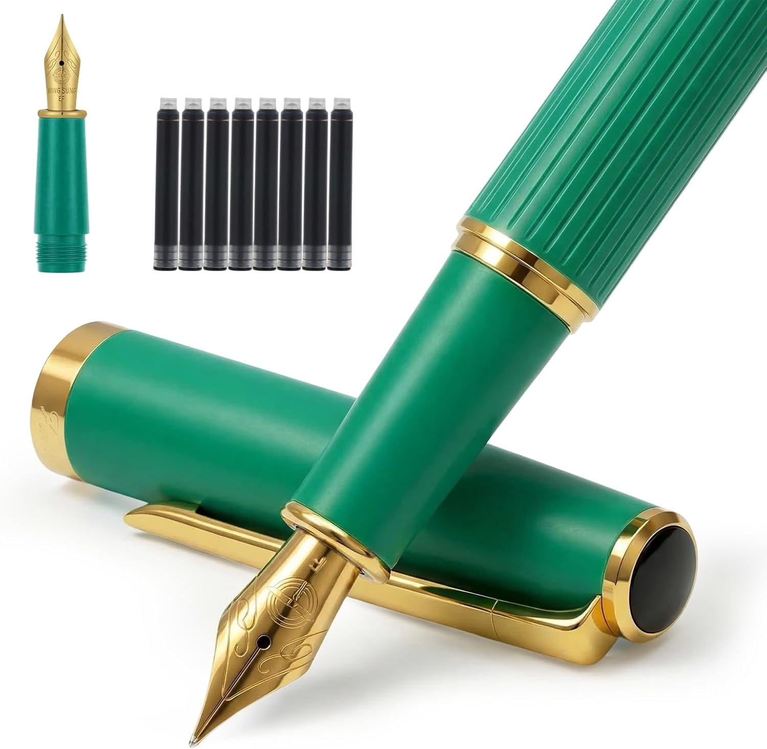 Fountain Pen,Elegant Pens with 2 Nib(F/EF) 8 cartridges convertes,Fancy Pen for Journaling,Nice Writing,Calligraphy Pen,Writing Gift Case(Green)