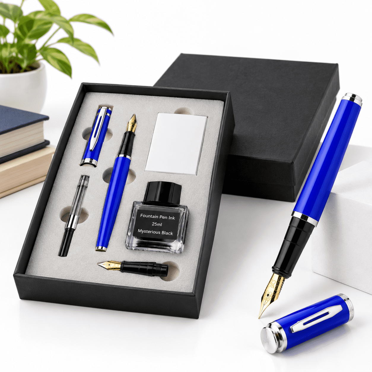 Fine Composing Fountain Pen Gift Set with Blue Chrome Finish, Medium & Extra Fine Nibs ...