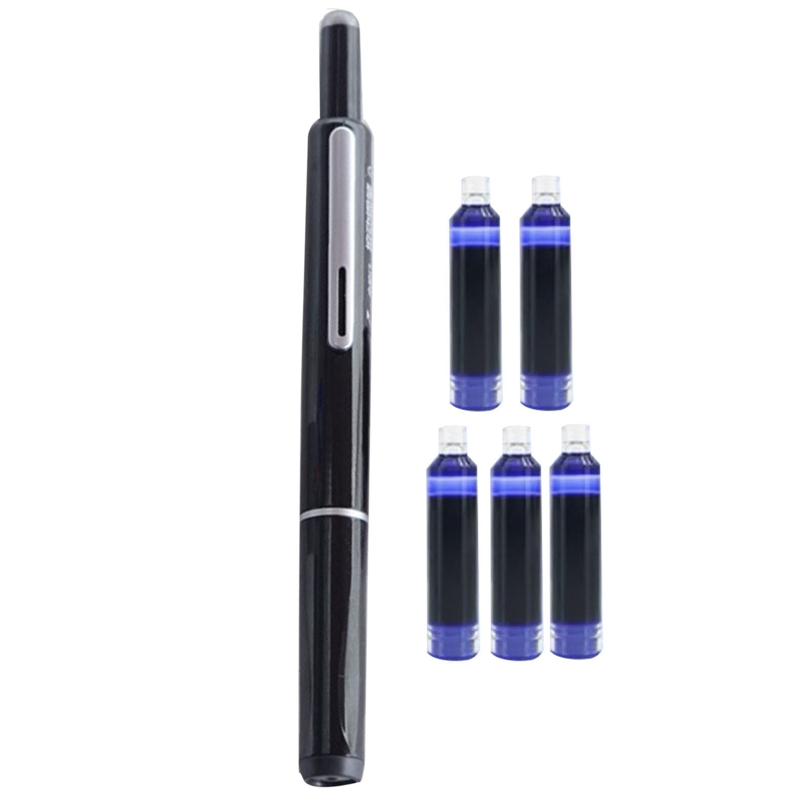 0.38mm Retractable Fountain Pen With 5 Refillable Ink Cartridges (Blue & Black) - Transparent Barrel, No Leak, Erasable Blue Ink
