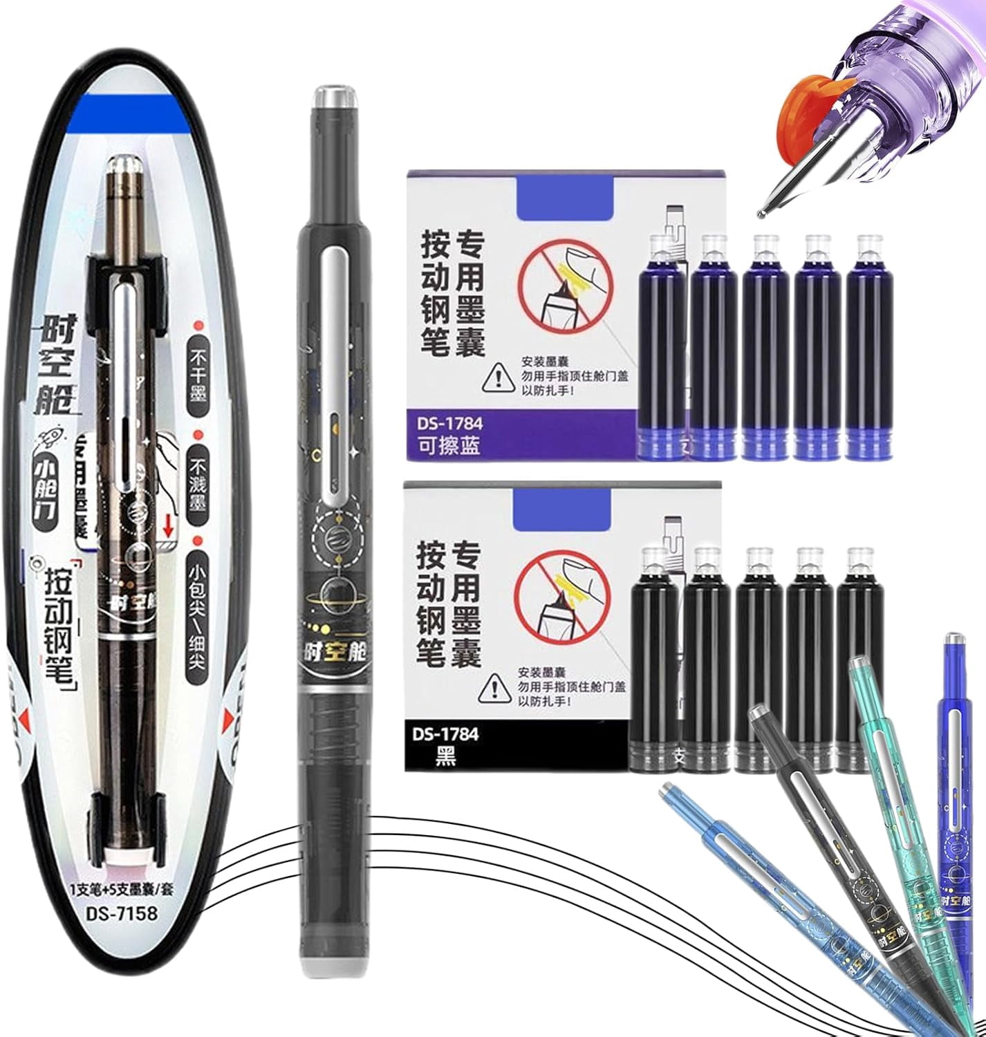 Fountain Pen Retractable:0.38mm Blue&Black Ink Transparent Barrel ...