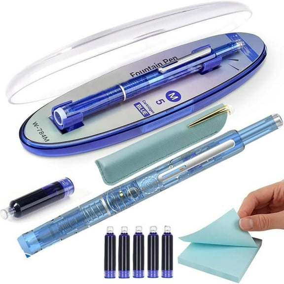 Fountain Pen Retractable: 0.38mm Blue&black Ink Transparent Barrel Includes 5 Refillable Ink Cartridges, Clictek Medium Nib Transparent Barrel for Smooth Writing No Leakin Light Blue