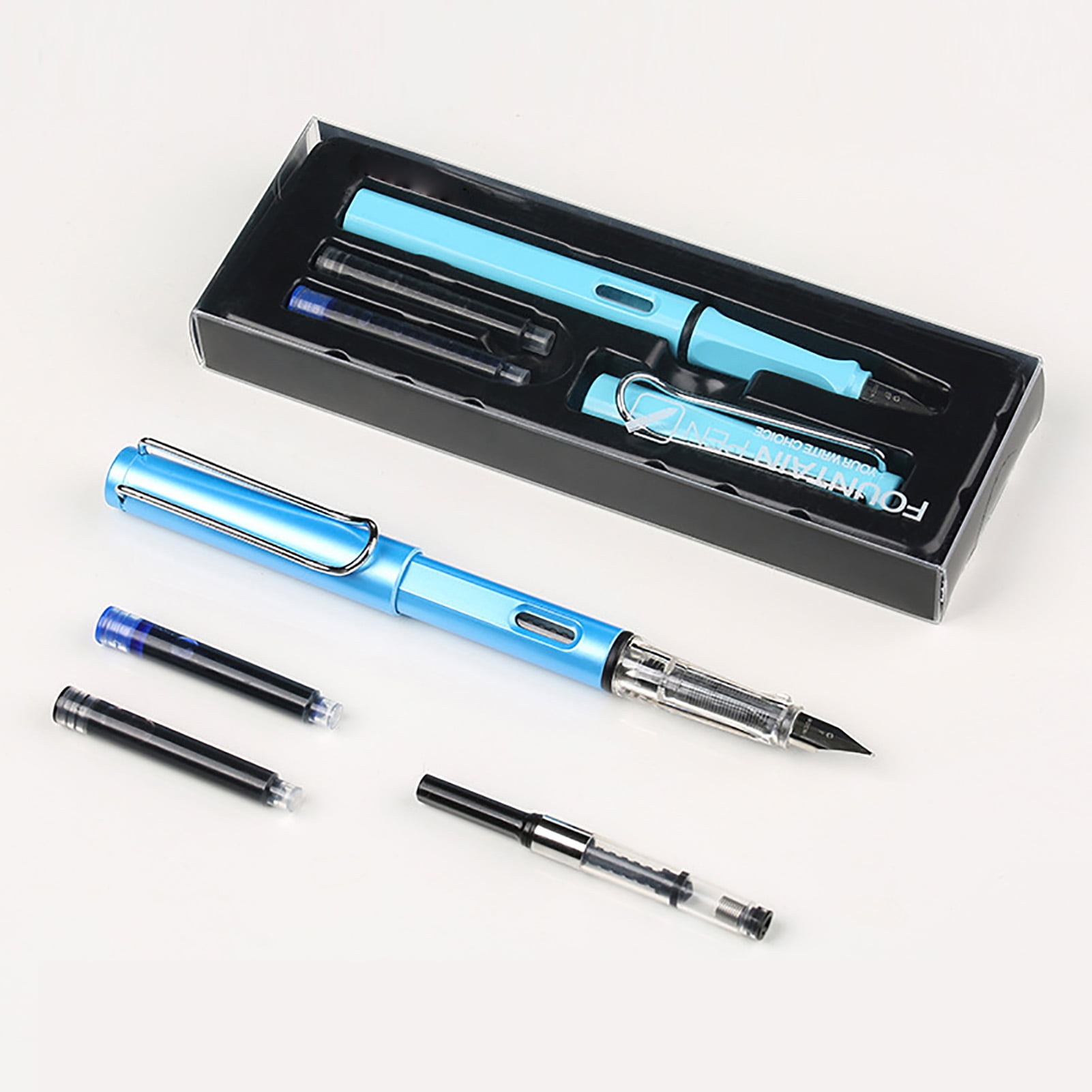 Fountain Pen Set, 0.38mm Replaceable Ink Capsule Fountain Pen, 1 Box Dai Blue Fountain Pen Set + 50 Black Ink Capsule, Suitable for Students Posture, Office, Calligraphy Practice
