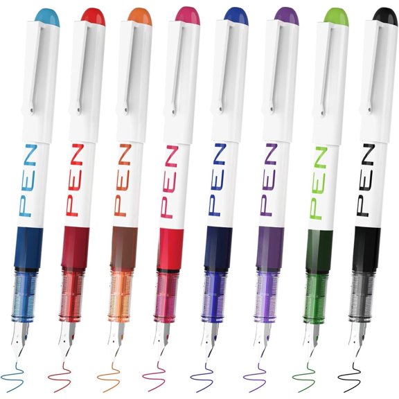 Fountain Pens for Writing, 8 Pack Assorted Colors Fine Point Disposable Fountain Pens Stainless Steel Nib, Smooth Writing for Journaling, Drafting, Sketching, Doodling & Gifts