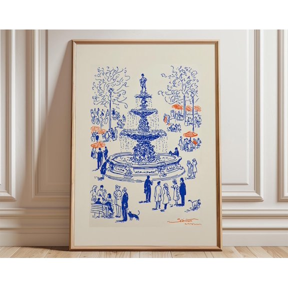 Fountain Piazza Line Art Wall Art Print, Unframed Paper Poster 8x10in