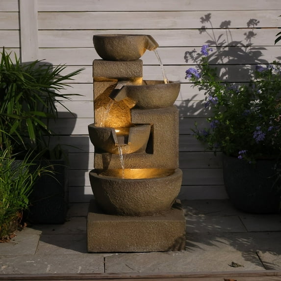 Fountain Resin Contemporary Waterfall Design With Stone Effect & LED Glow