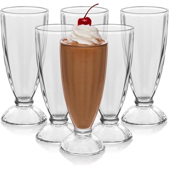Fountain Shoppe Milkshake Glasses Set of 6 - Classic Old Fashioned Rootbeer Float Glasses - Glass Ice Cream Cups for Sundaes, Smoothies