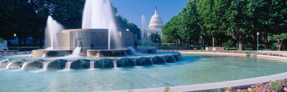 Fountain and US Capitol building in morning Washington DC Canvas Art - Panoramic Images (36 x 12)