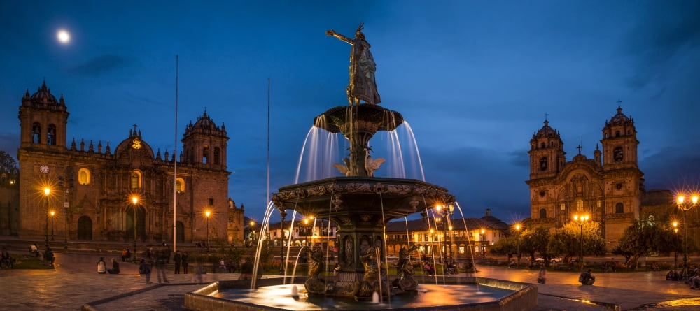 Fountain at La Catedral Plaza De Armas Cusco City Peru Canvas Art - Panoramic Images (36 x 12)