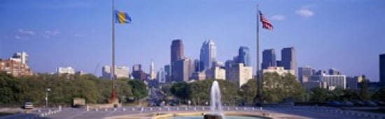 Fountain at art museum with city skyline Philadelphia Pennsylvania USA Canvas Art - Panoramic Images (36 x 12)