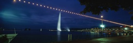 Fountain at night Jet Deau Geneva Switzerland Canvas Art - Panoramic Images (36 x 12)