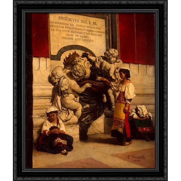 Fountain by St Peters Basilica in Rome 28x34 Large Black Ornate Wood Framed Canvas Art by Leon Bonnat