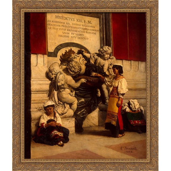 Fountain by St Peters Basilica in Rome 28x34 Large Gold Ornate Wood Framed Canvas Art by Leon Bonnat