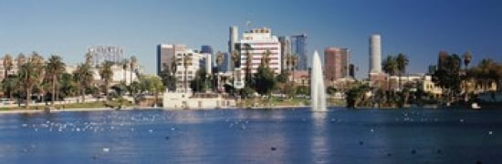 Fountain in front of buildings Macarthur Park Westlake City of Los Angeles California USA 2010 Canvas Art - Panoramic Images (18 x 6)