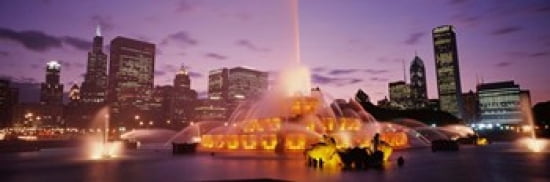 Fountain lit up at dusk in a city Chicago Cook County Illinois USA Canvas Art - Panoramic Images (36 x 12)