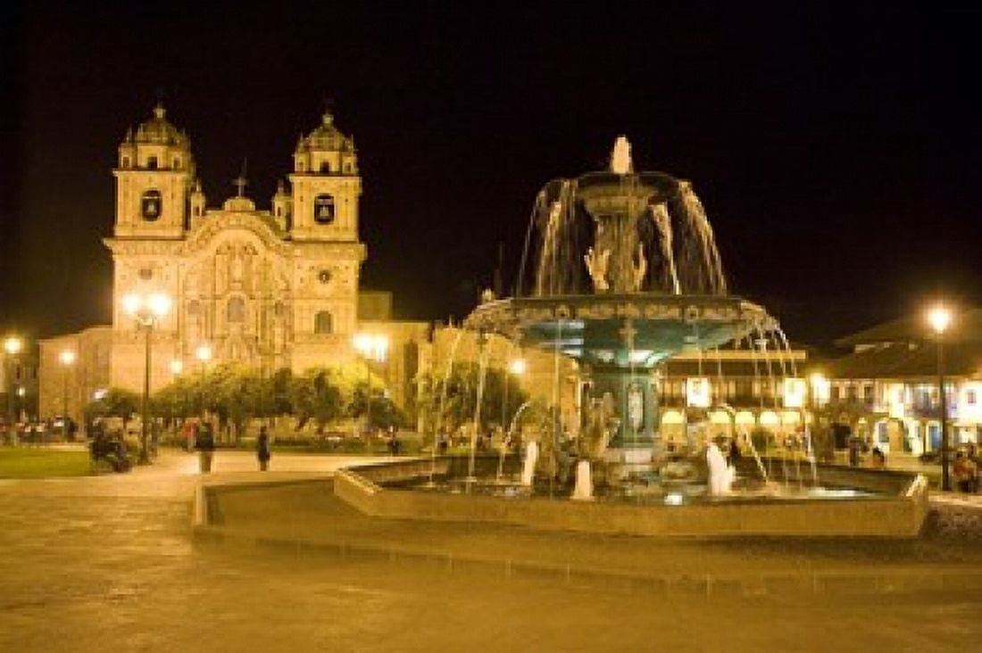 Fountain lit up at night at a town square Cuzco Cusco Province Cusco Region Peru Canvas Art - Panoramic Images (16 x 11)