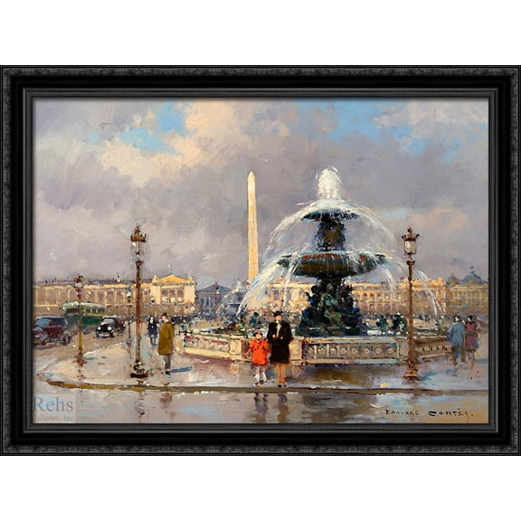 Fountain on Place de la Concorde 38x28 Large Black Ornate Wood Framed Canvas Art by Edouard Cortes