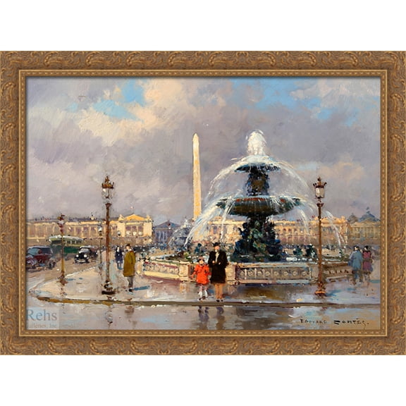 Fountain on Place de la Concorde 38x28 Large Gold Ornate Wood Framed Canvas Art by Edouard Cortes