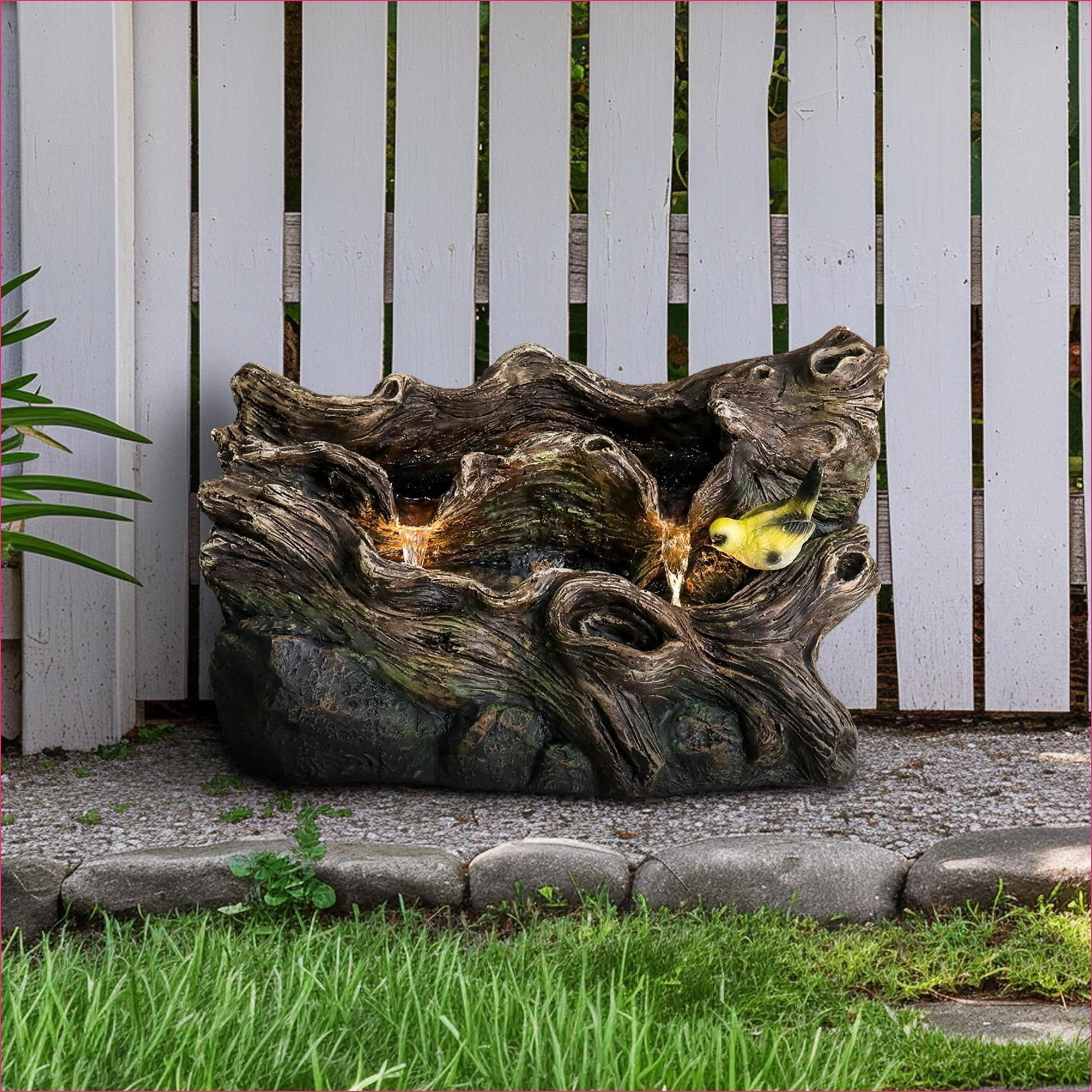 Fountains | 14.1" Rustic Tree Trunk Outdoor Fountain for Garden Patio, Adjustable Pump, No Assembly | Tan Brown | Concrete / Cement