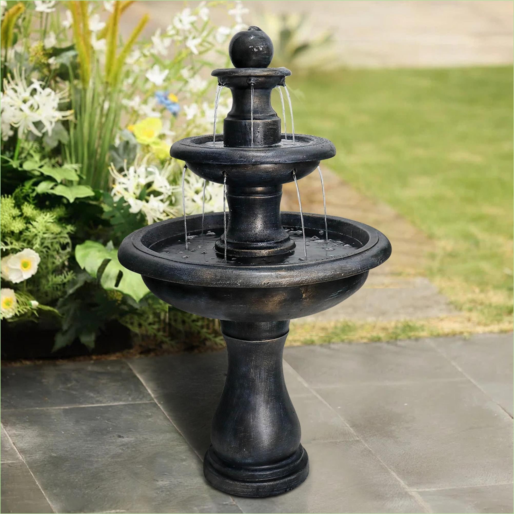Fountains | 3-Tier Modern Outdoor Garden Patio Fountain, Fiber-Reinforced Concrete, Black Stone Finish, 27"x27"x45.2" | Black | Concrete / Cement