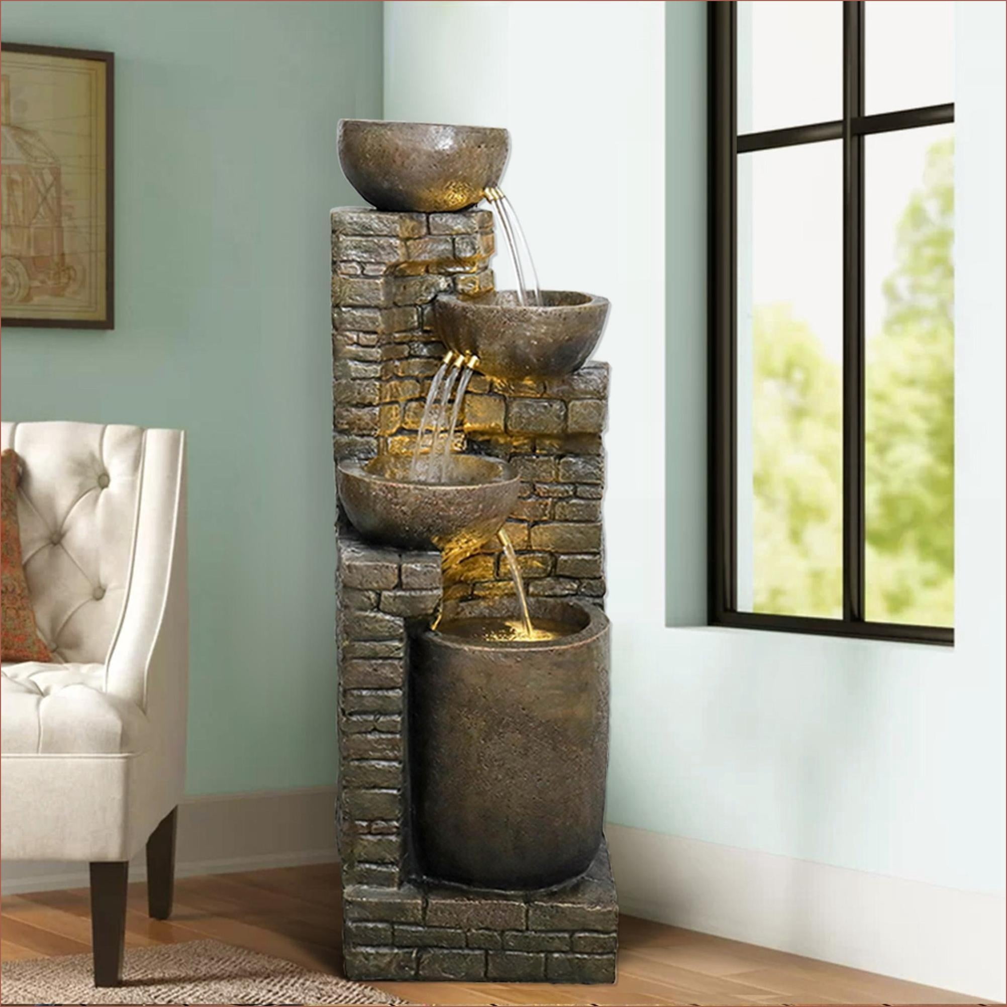Fountains 38.2" H Outdoor Stacking Fountain for Garden Patio, with LED Lights & Built-in Pump | Resin | Walnut Brown