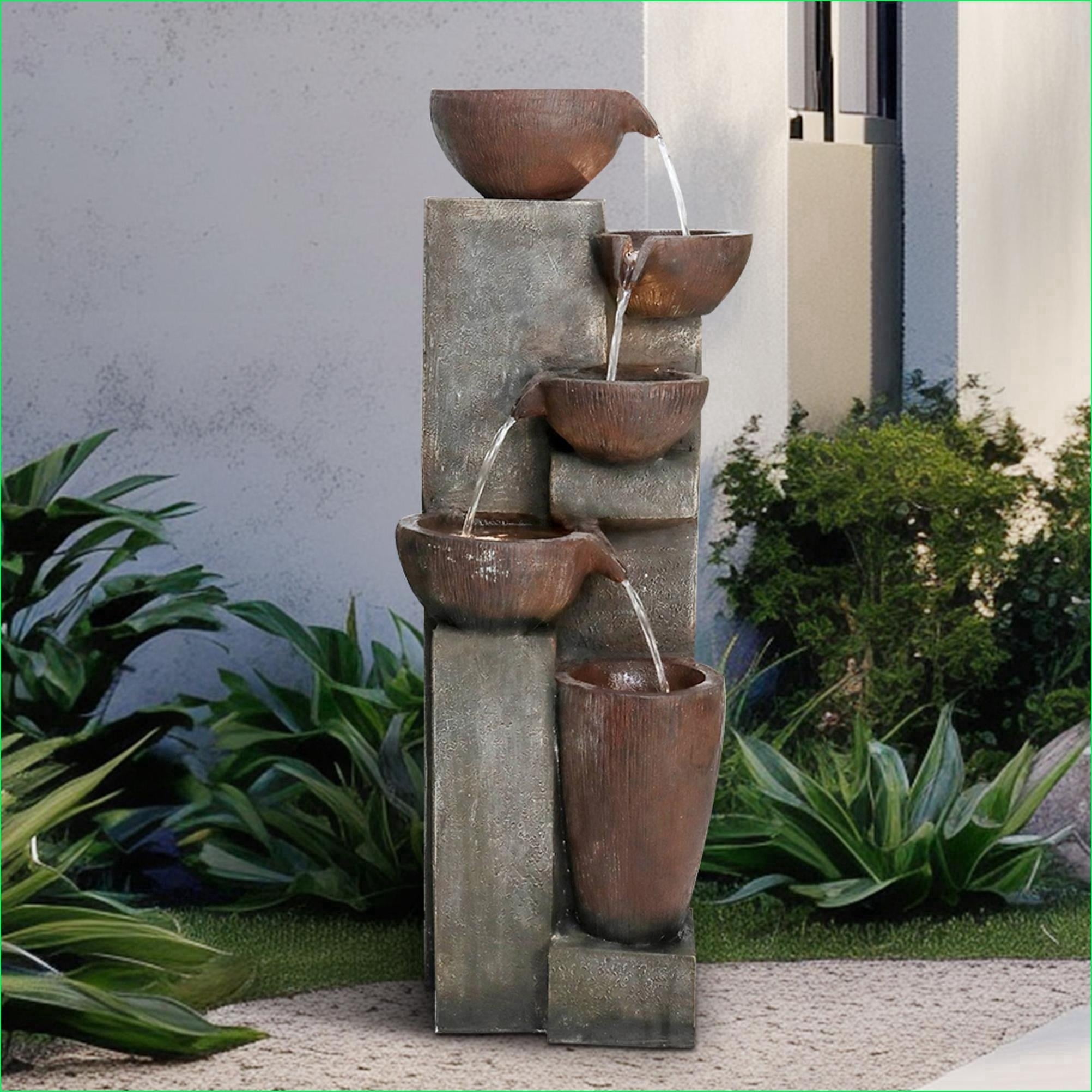 Fountains 39.7 Inch Modern 5-Tier Outdoor Water Fountain for Garden Patio, with LED Lights | Resin | Tiered Fountain