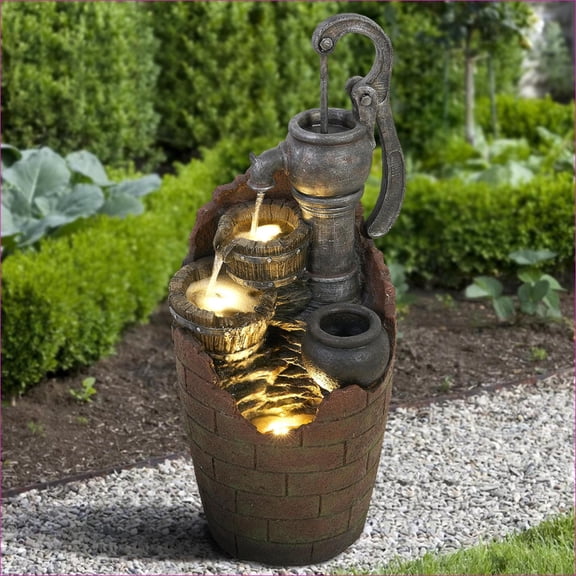 Fountains | 4-Tier Rustic 32.6" H Cascading Water Fountain with LED Lights, for Garden Patio Indoor Outdoor | Resin | Tiered