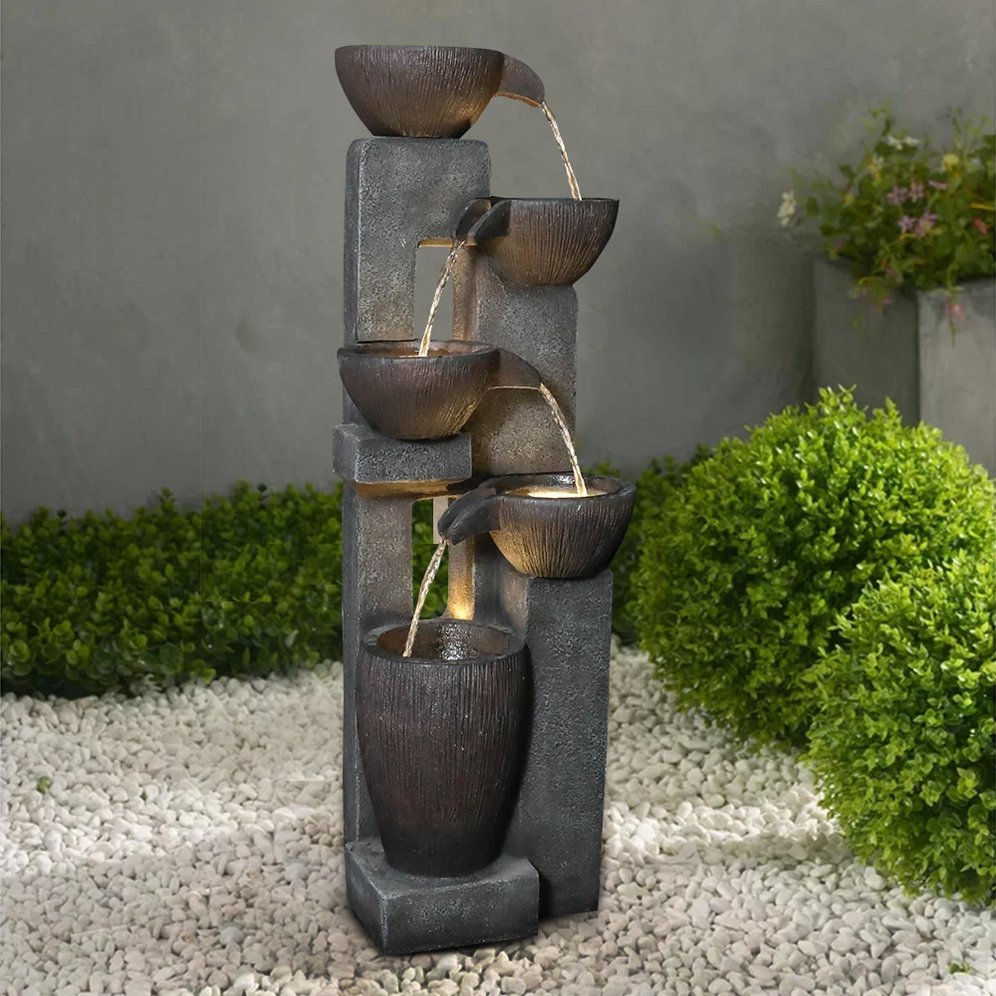Fountains 5-Tier Modern Rustic Indoor & Outdoor Fountain, Dark Brown Finish with LED Lights | Resin | Tiered Waterfall