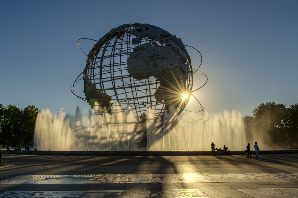 Fountains around the Unisphere at sunset Flushing Meadows-Corona Park Queens New York United States of America Canvas Art - F M Kearney Design Pics (19 x 12)