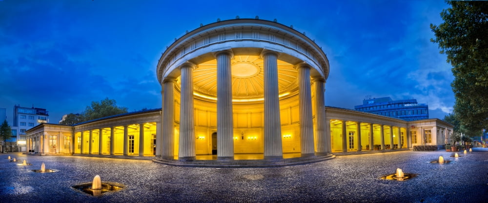 Fountains in front illuminated building Elisenbrunnen Aachen North Rhine Westphalia Germany Canvas Art - Panoramic Images (6 x 15)