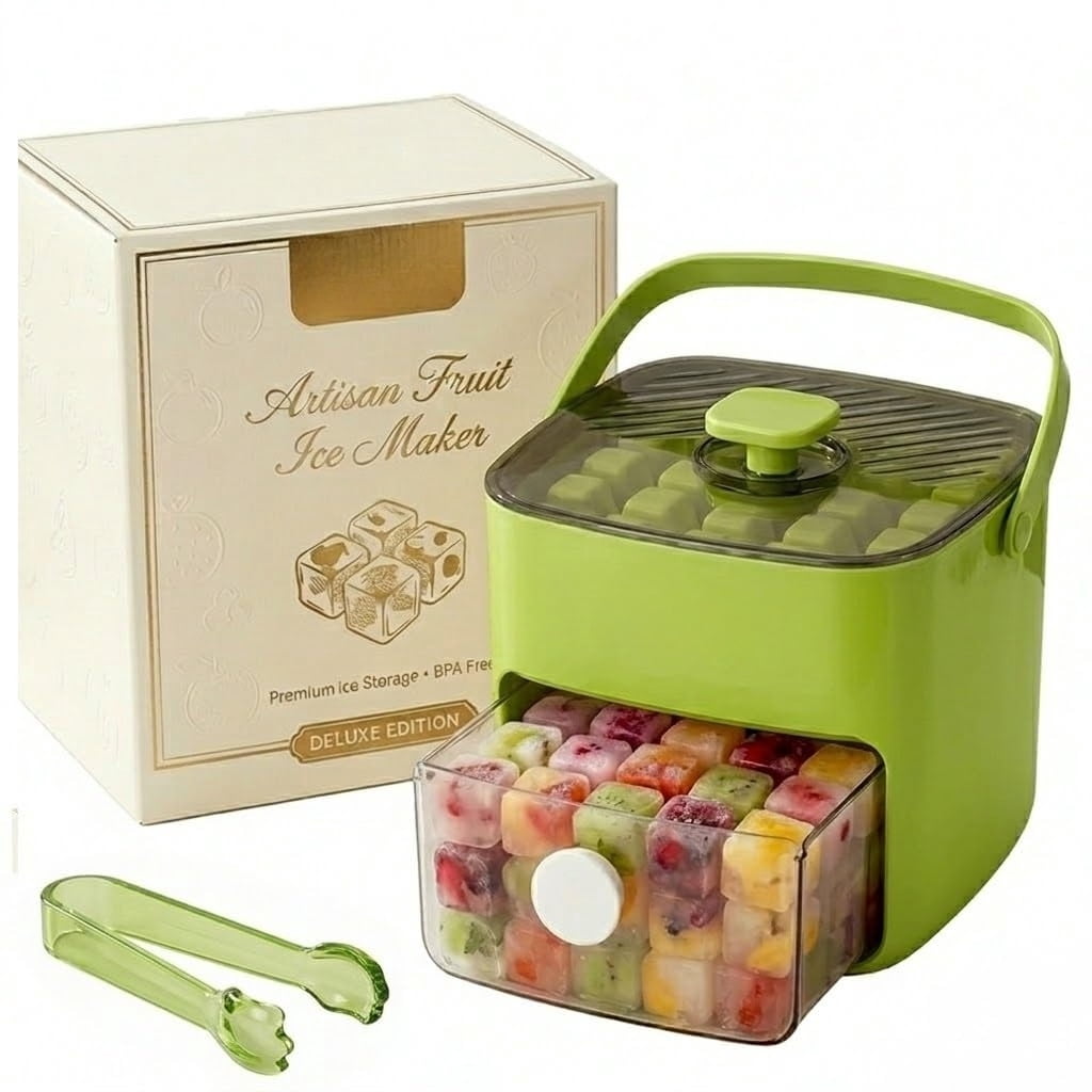 Fountwell 48-Cube Portable Ice Tray with Easy Press Lid, Double-Deck Ice Maker – Includes Container, Bin & Tongs for Whiskey, Cocktail, Coffee