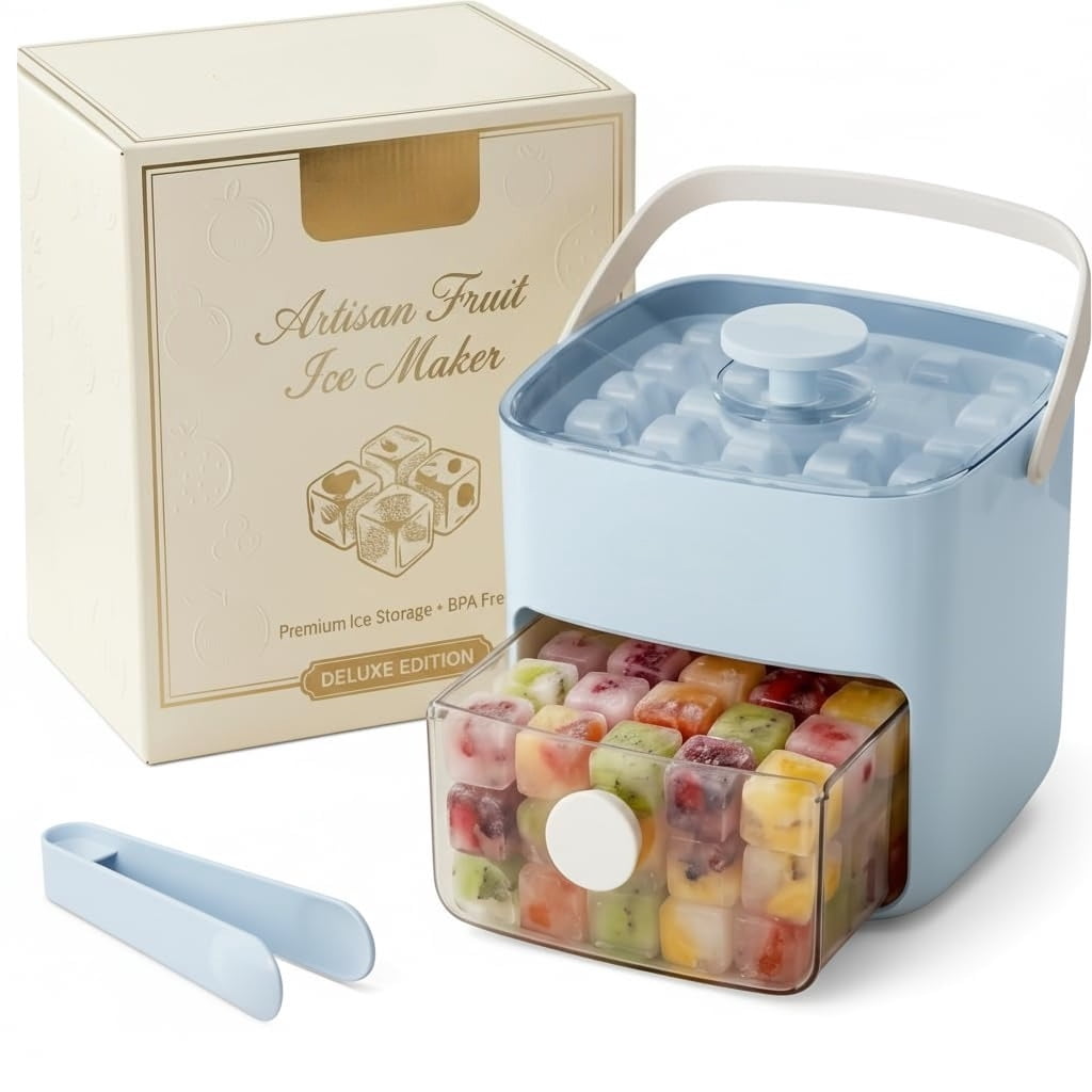 Fountwell 48-Cube Portable Ice Tray with Easy Press Lid, Double-Deck Ice Maker – Includes Container, Bin & Tongs for Whiskey, Cocktail, Coffee