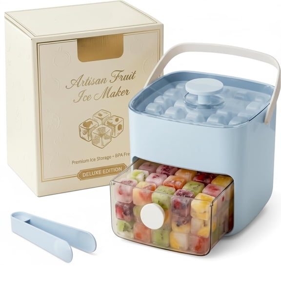 Fountwell 48-Cube Portable Ice Tray with Easy Press Lid, Double-Deck Ice Maker – Includes Container, Bin & Tongs for Whiskey, Cocktail, Coffee