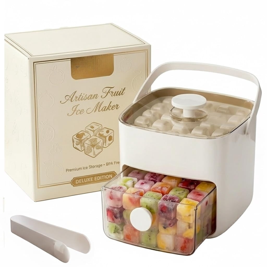 Fountwell 48-Cube Portable Ice Tray with Easy Press Lid, Double-Deck Ice Maker – Includes Container, Bin & Tongs for Whiskey, Cocktail, Coffee