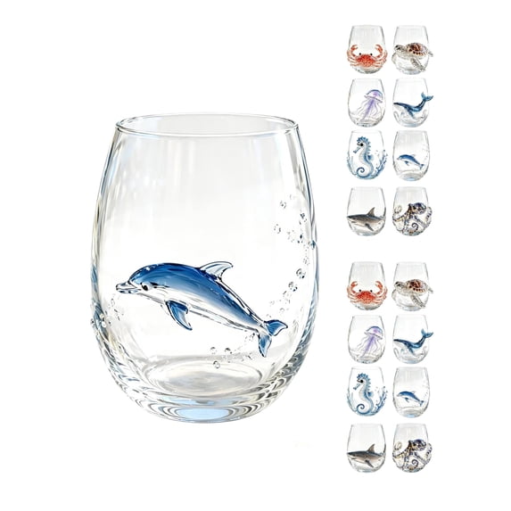 Fountwell Blue Ringed Octopus Stemless Wine Glass 12oz Hand Blown Ocean Decor Gift