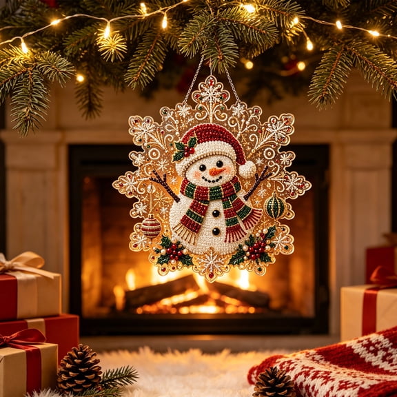 Fountwell Christmas Diamond Painting Suncatcher Kit 8in Snowflake Pearl Bead Craft for Adults Gift