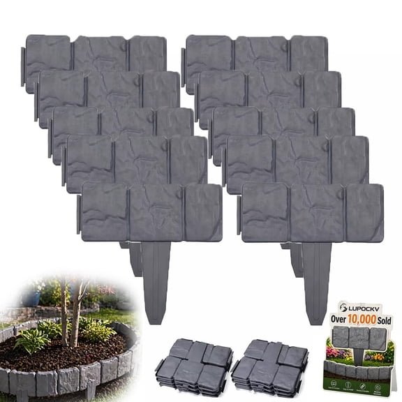 Fountwell Imitation Stone Garden Fence Edging – Grey Cobbled Effect Plastic Retaining Border, Interlocking Decorative Panels for Flower Bed, Lawn, Path, Yard