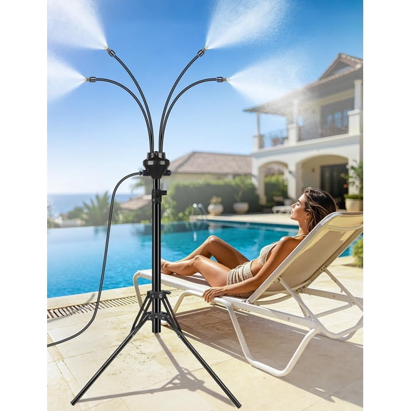 Fountwell Misters for Outside Patio Misting System 5.25FT Stand Adjustable Portable Outdoor Cooling with 26.5FT Hose