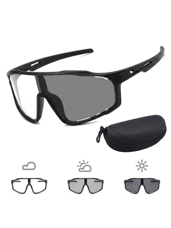 Photochromic Cycling Sunglasses Mens Womens Square Sport Riding Glasses with Hard Case