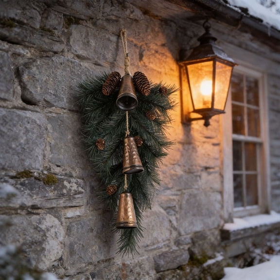 Fountwell Rustic Christmas Door Decor Gift 25.6 Inch with Bells Pine Cones Swag Indoor Outdoor
