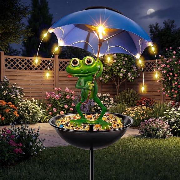 Fountwell Solar Bird Feeder Frog Garden Decor, Outdoor Solar Light with Umbrella – Hummingbird Feeder Path Light, Yard Art Ornament for Patio Lawn