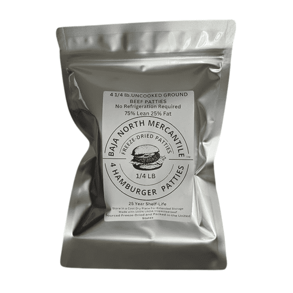 Four 1/4 lbs Raw Freeze-Dried 75/25 USDA inspected Ground Beef Patties. 1 lbs. total when Rehydrated. Designed for Backpackers, Campers, Survivalist, Hunters and Emergency Prep. 25 Year Shelf Life