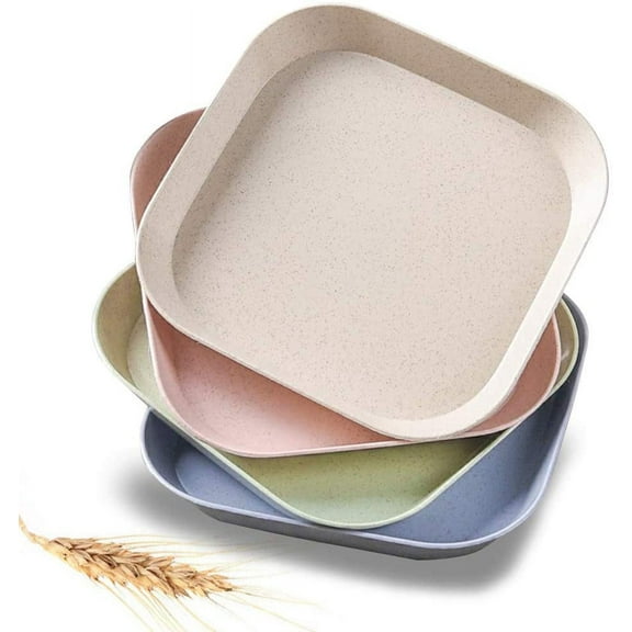 Four 15cm square wheat straw plates, not easily broken, lightweight, suitable for appetizers, cereal, dinner, children's and toddlers' reusable mini plates, in four colors