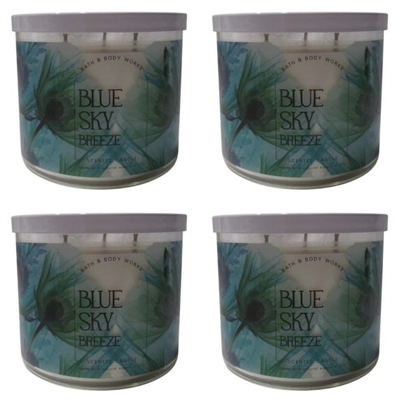 Four 4x (4)Bath and Body Works Blue Sky Breeze Scented 3-Wick Candle (14.5 OZ)