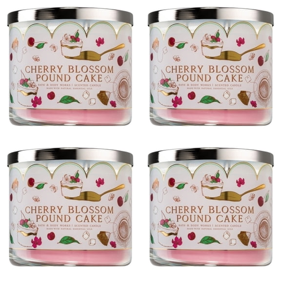 Four 4x (4)Bath and Body Works Cherry Blossom Pound Cake Scented Candle 14.5 Oz