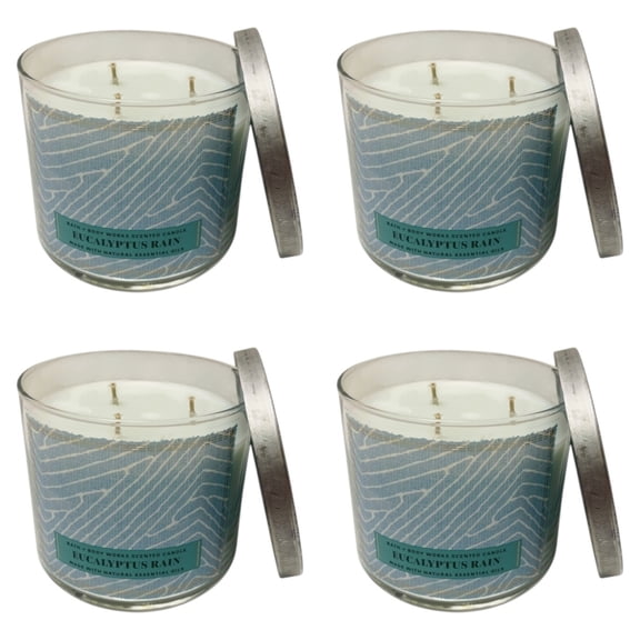 Four 4x (4) Bath and Body Works Eucalyptus Rain 3-Wick Large Candle (14.5 oz)