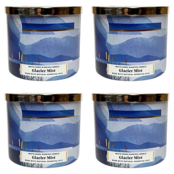 Four 4x (4)Bath and Body Works Glacier Mist (White Barn) 3-Wick Candle (14.5 oz)