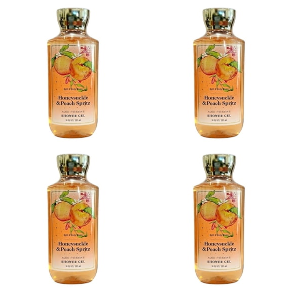 Four 4x (4)Bath and Body Works Honeysuckle & Peach Spritz + Vitamin E Shower Gel (10 oz)