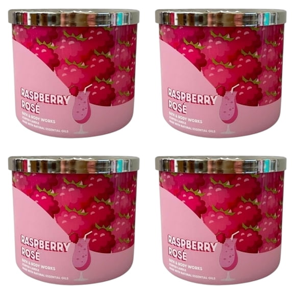 Four 4x (4) Bath and Body Works Raspberry Rose 3-Wick Scented Candle (14.5 Oz)