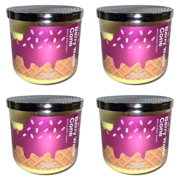 Four 4x Bath and Body Works Berry Waffle Cone Scented 3-Wicked Candle (14.5 oz)